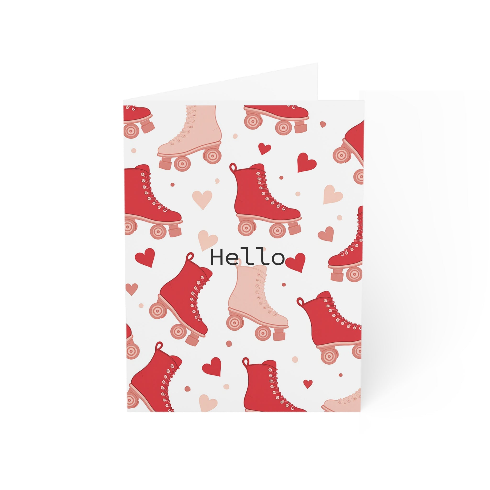 Hi Friend! Roller Skate Hello Greeting Card — White Background With Retro Red Skates Pattern (Pack of 1, 10, 30, 50)