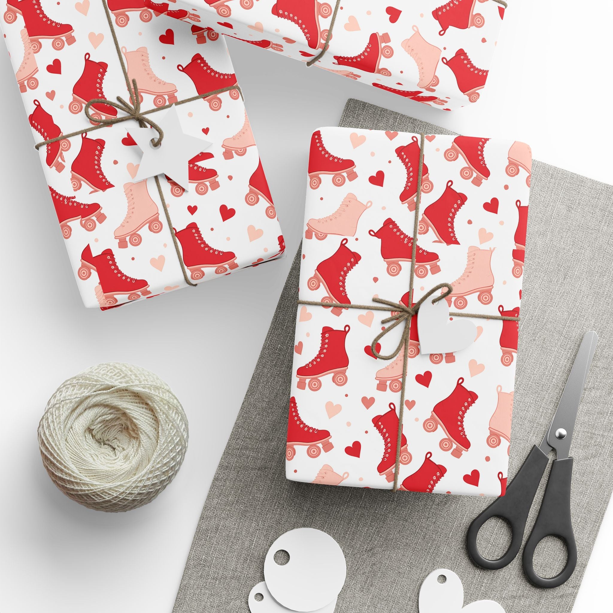 Roller Skate White Valentines Wrapping Paper — Retro Red & Pink Skate Pattern Gift Wrap