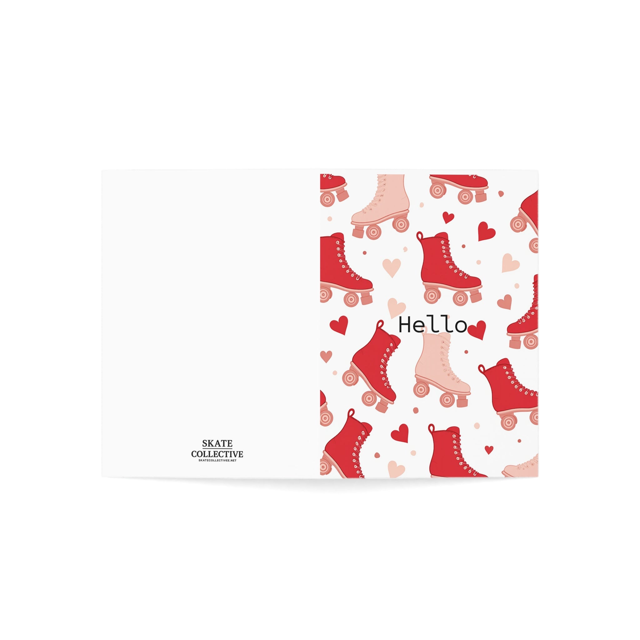 Hi Friend! Roller Skate Hello Greeting Card — White Background With Retro Red Skates Pattern (Pack of 1, 10, 30, 50)