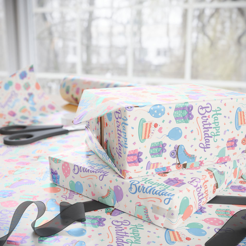 Birthday Roller Skating Gift Wrap Paper (White) Unique Wrap For the Roller Skating Lover.