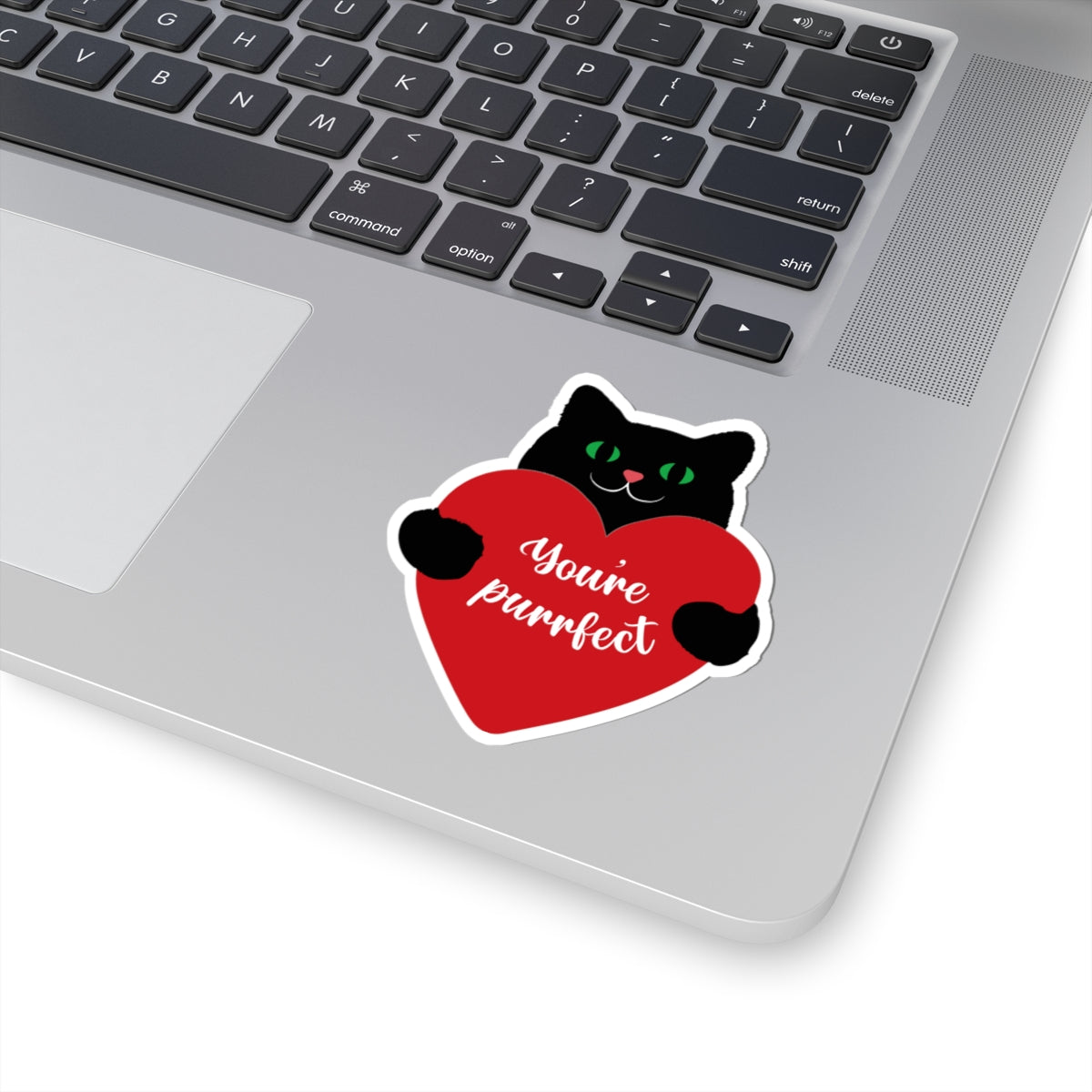 Black Cat Holding Heart Sticker — "You're Purrfect" Kiss-Cut Sticker, Cute Valentine Laptop Decal