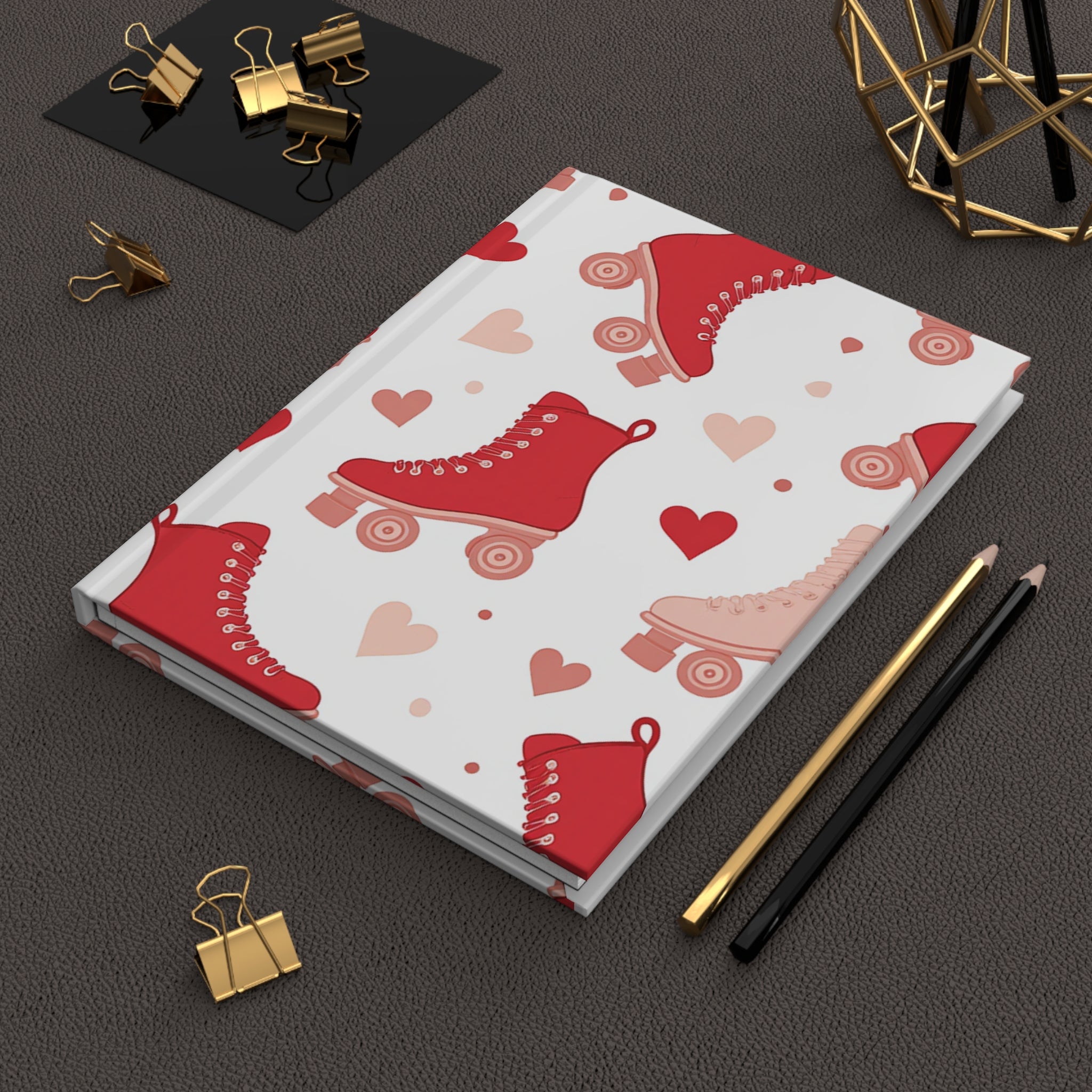 Roller Skate Hearts Hardcover Journal — White Retro Skate Notebook for Notes & Gifts