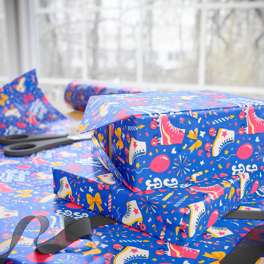 Birthday Roller Skating Gift Wrap Paper (Blue) – Unique Wrap For the Roller Skating Lover.