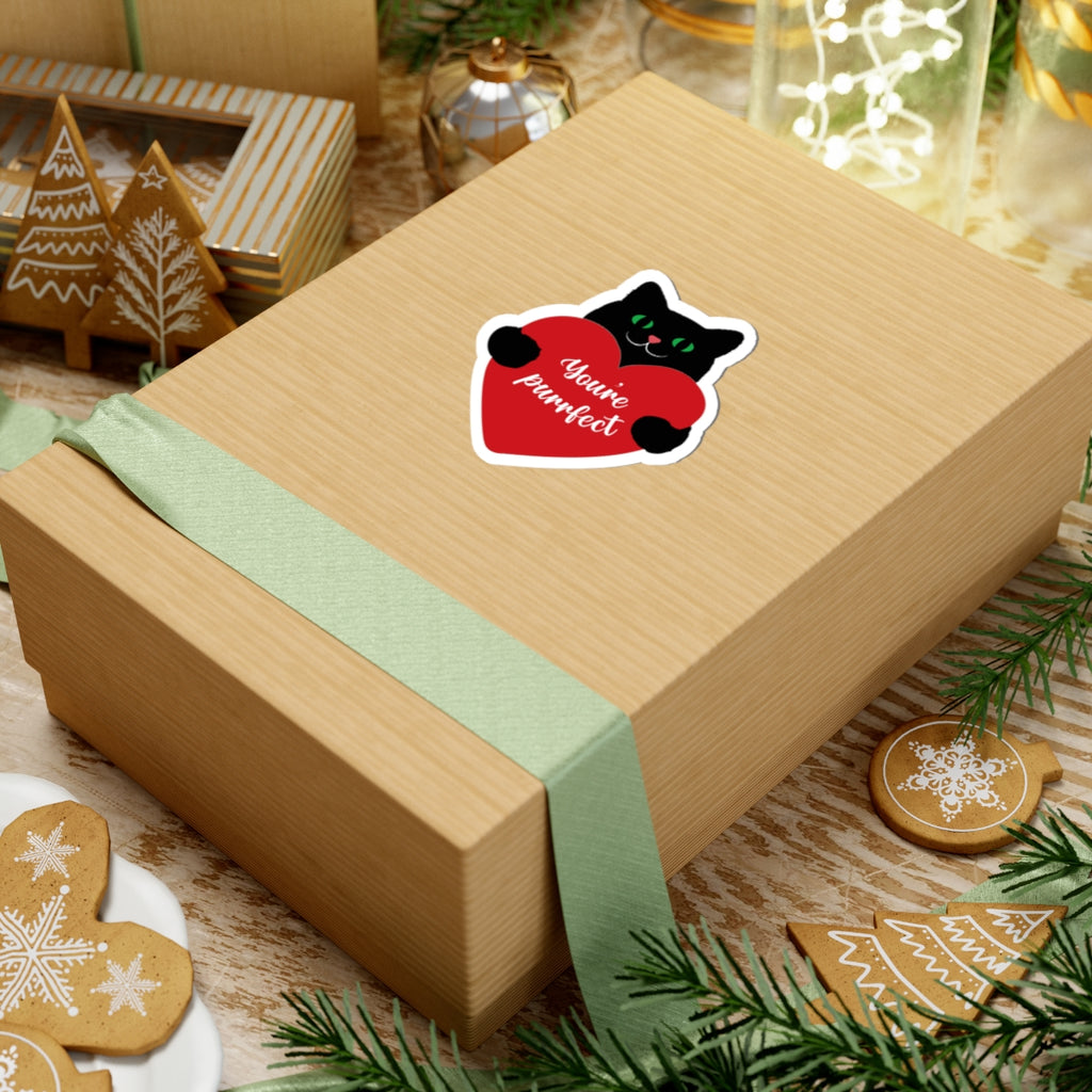 Black Cat Holding Heart Sticker — "You're Purrfect" Kiss-Cut Sticker, Cute Valentine Laptop Decal