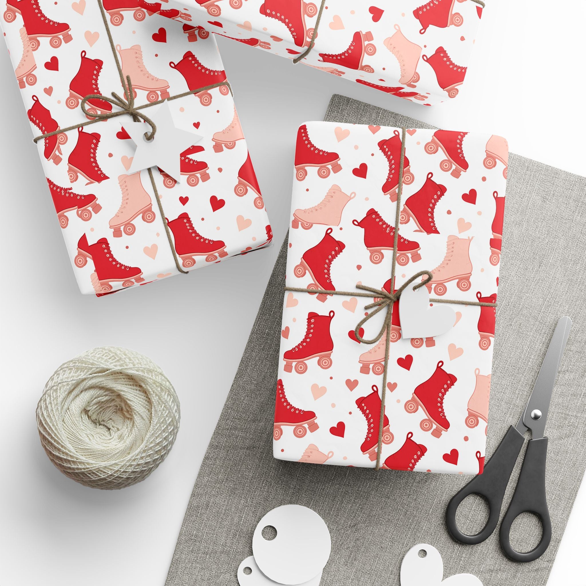 Roller Skate White Valentines Wrapping Paper — Retro Red & Pink Skate Pattern Gift Wrap
