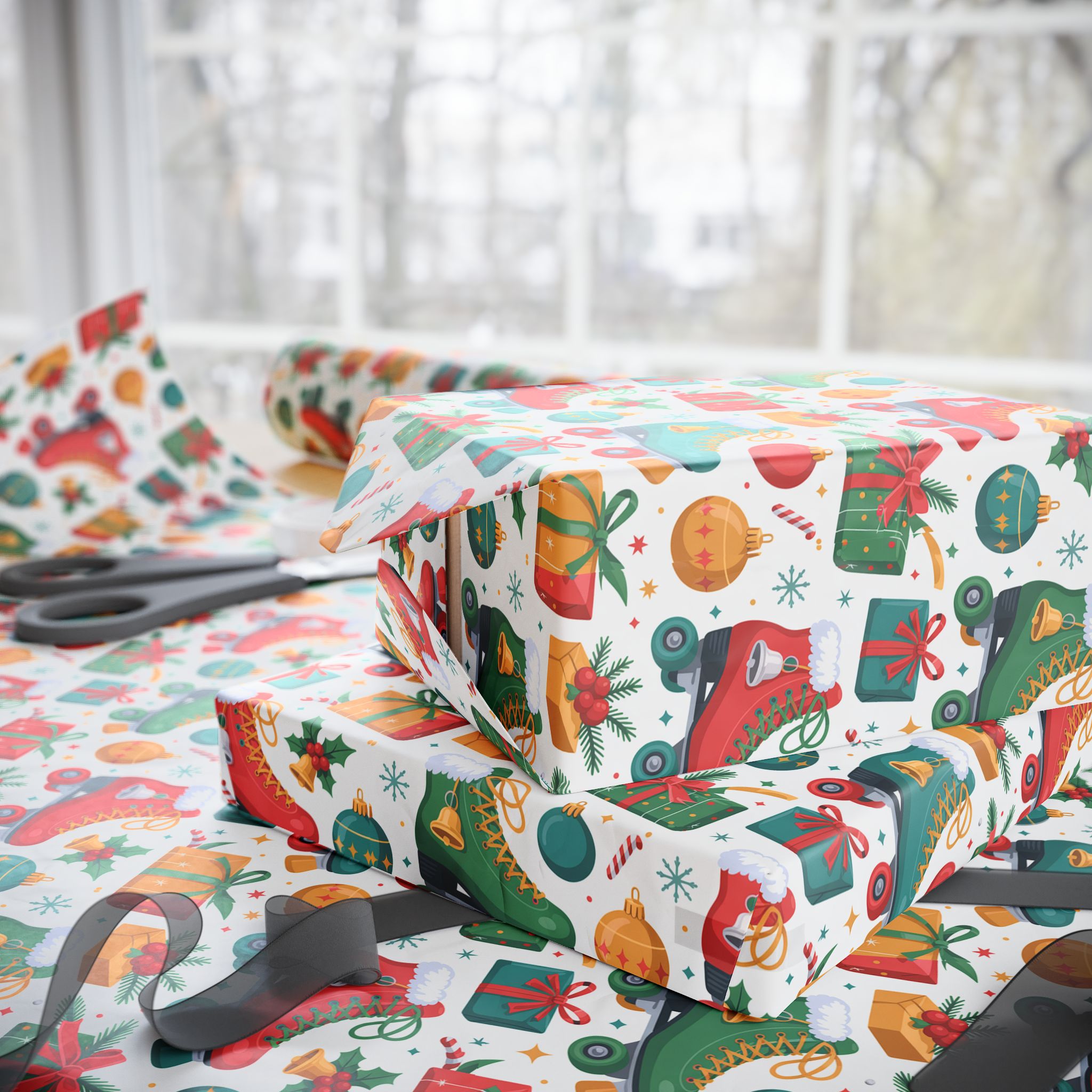 Christmas Gift Wrap Paper – Festive Stockings, Ornaments & Presents Pattern