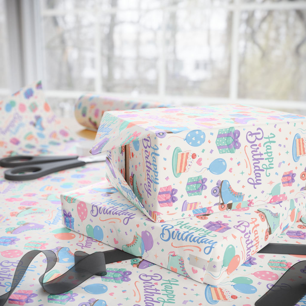 Birthday Roller Skating Gift Wrap Paper (White) Unique Wrap For the Roller Skating Lover.