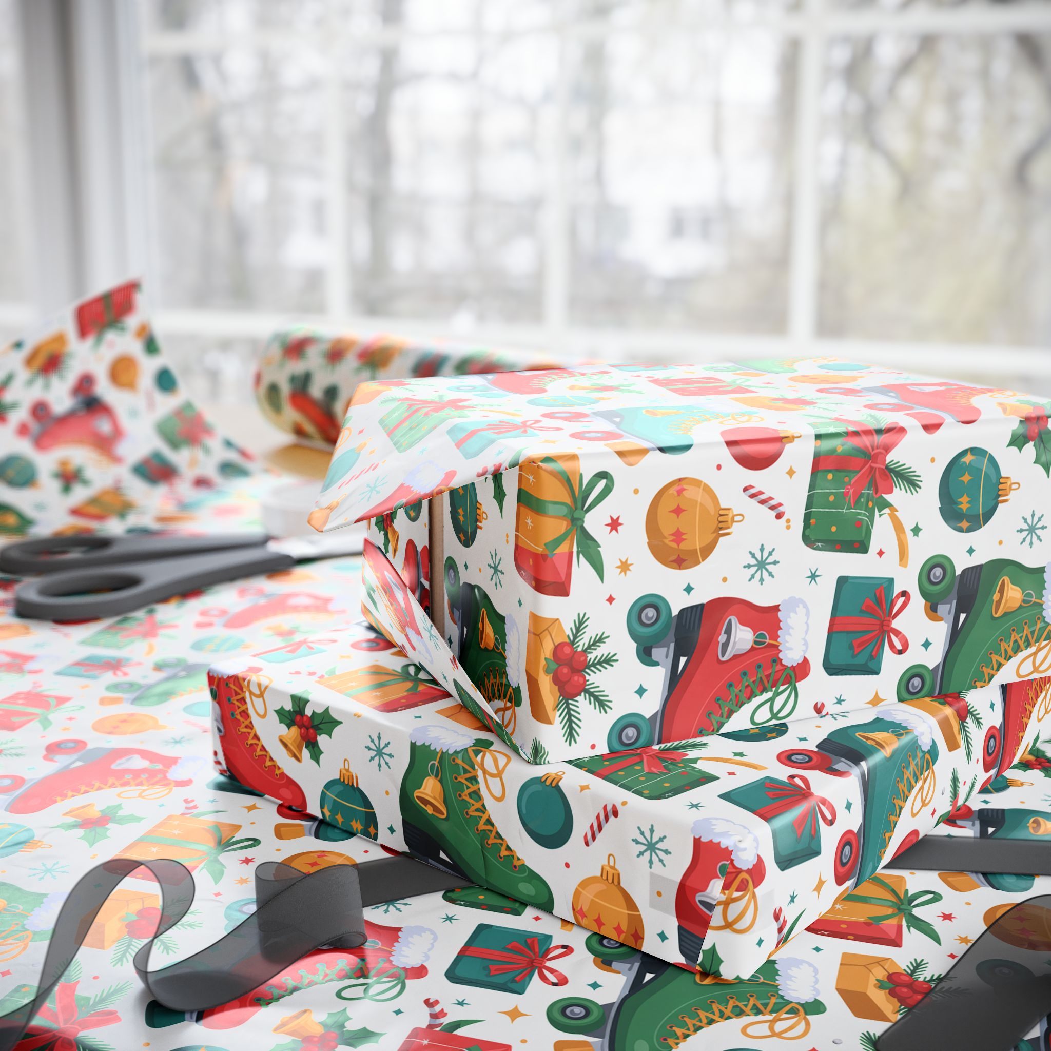 Christmas Gift Wrap Paper – Festive Stockings, Ornaments & Presents Pattern