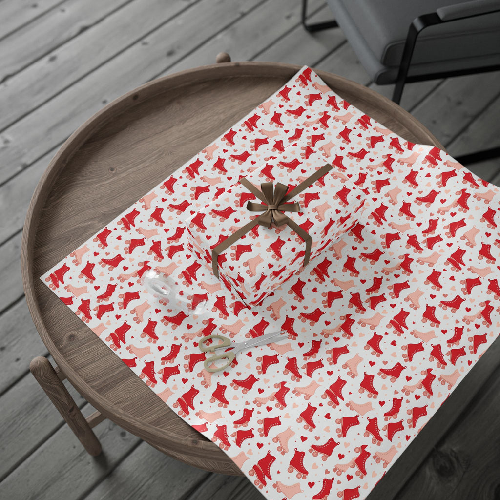 Roller Skate White Valentines Wrapping Paper — Retro Red & Pink Skate Pattern Gift Wrap