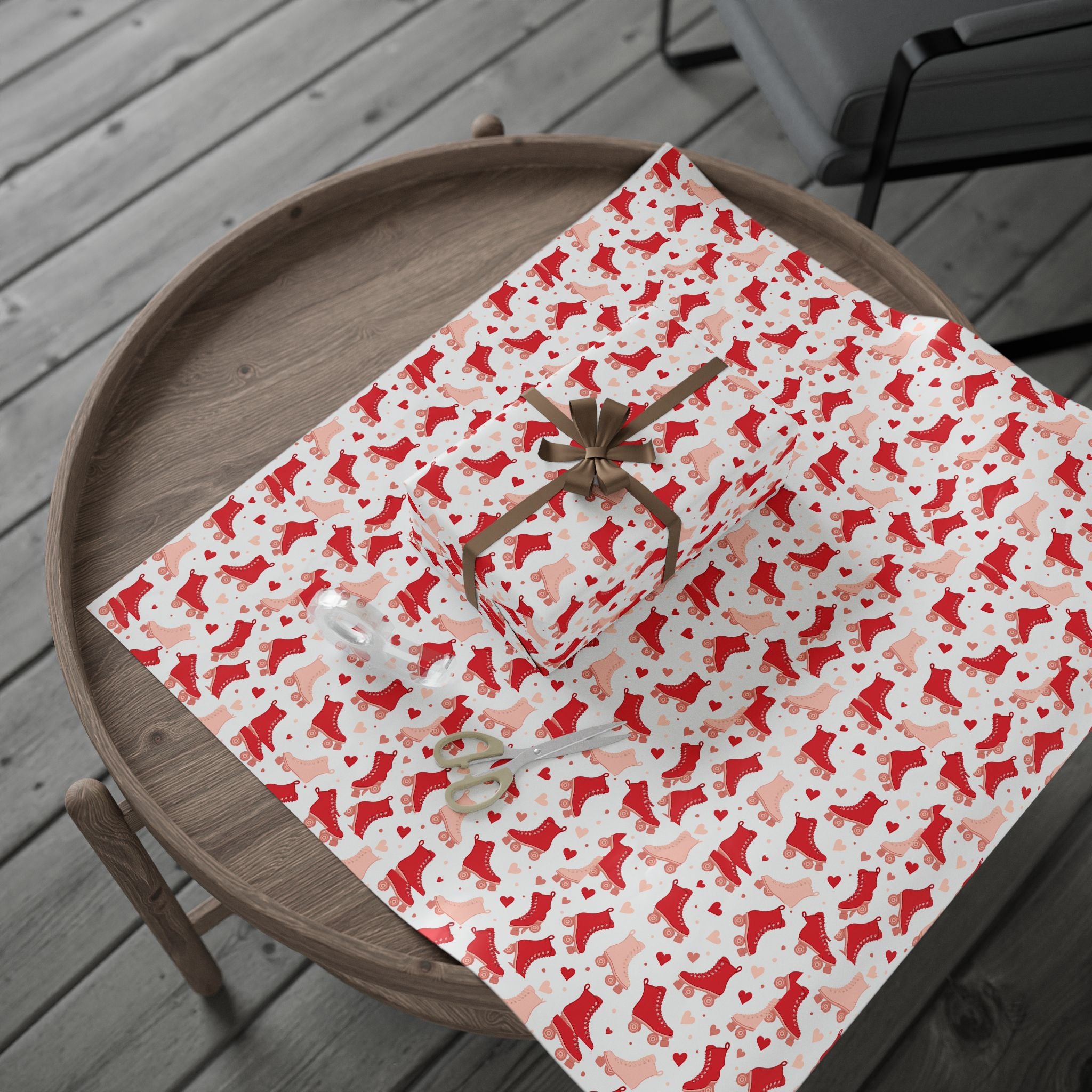 Roller Skate White Valentines Wrapping Paper — Retro Red & Pink Skate Pattern Gift Wrap