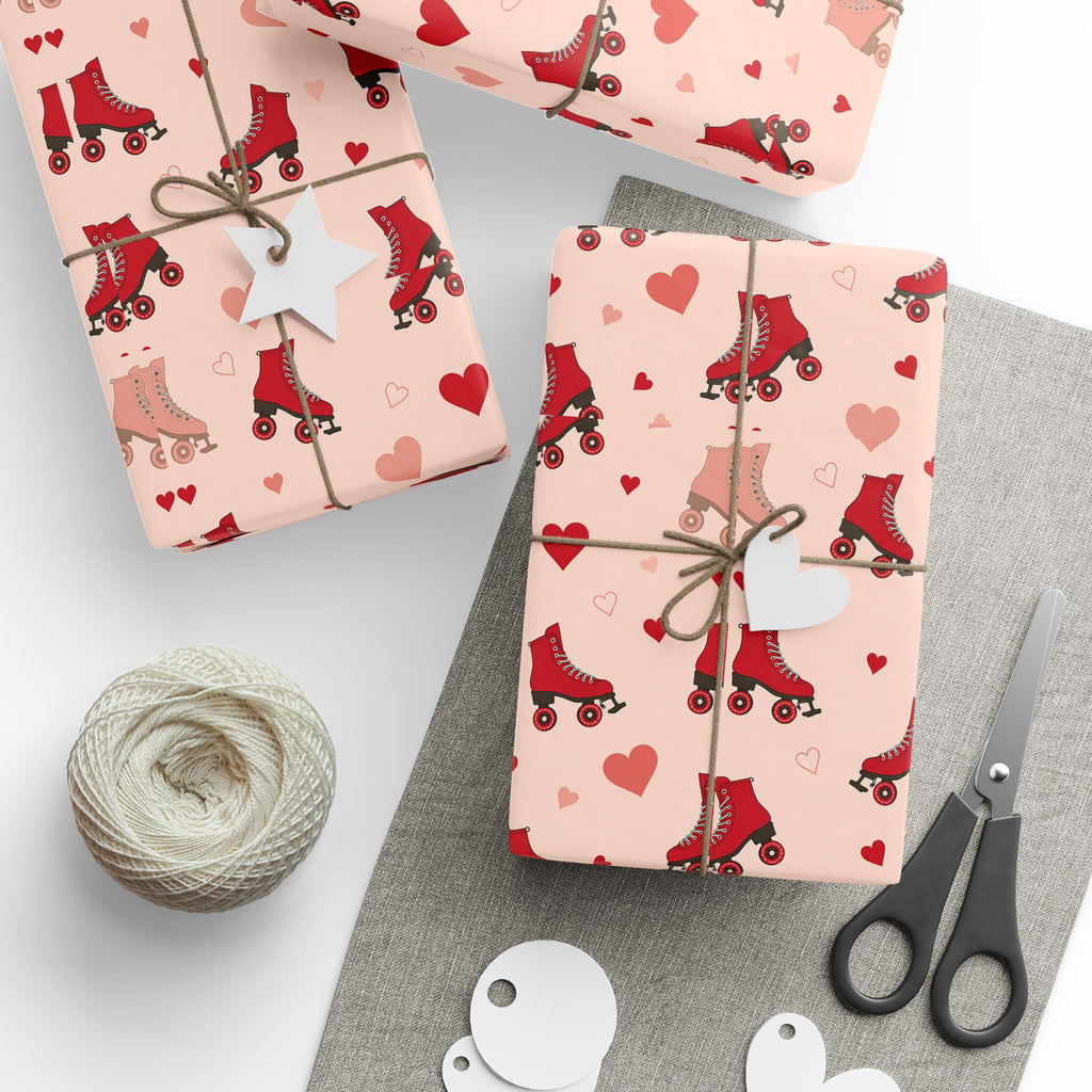 Roller Skate Pink Valentines Wrapping Paper — Retro Red & Pink Skate Pattern Gift Wrap