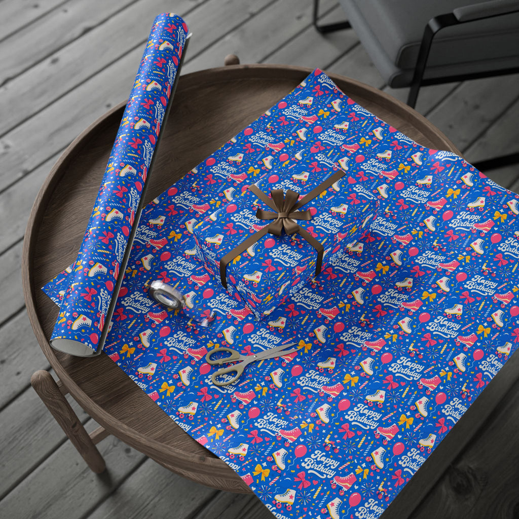 Birthday Roller Skating Gift Wrap Paper (Blue) – Unique Wrap For the Roller Skating Lover.